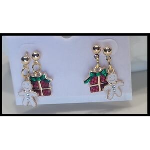Gold & Red Holiday Gift & Gingerbread Earrings Christmas Hypoallergenic